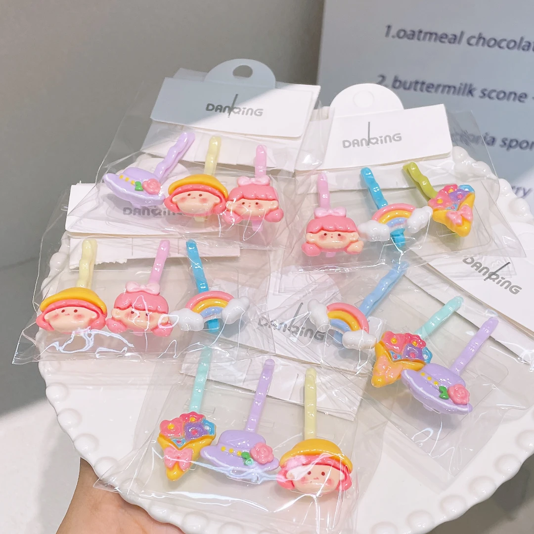 A-4302  混色3个彩虹小女孩碎发夹 发圈