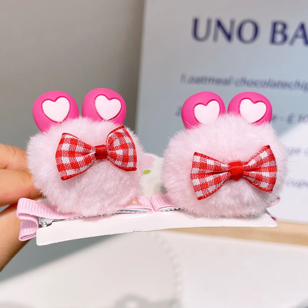 A-4865 d 2个蝴蝶结毛球鸭嘴夹顶夹 发圈