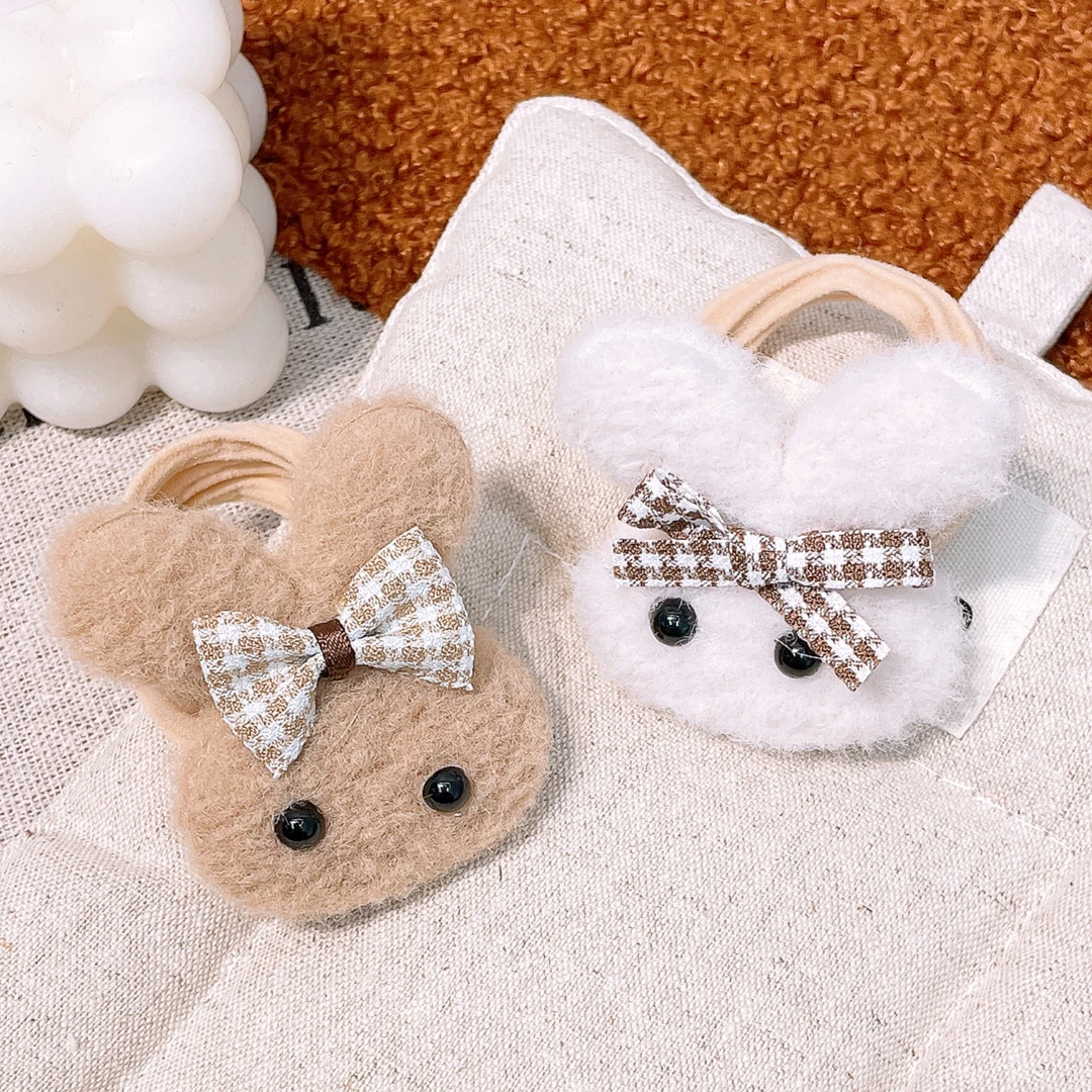 A-5417  d 1对ab款毛绒兔子格子蝴蝶结可爱高弹力面膜圈     发圈