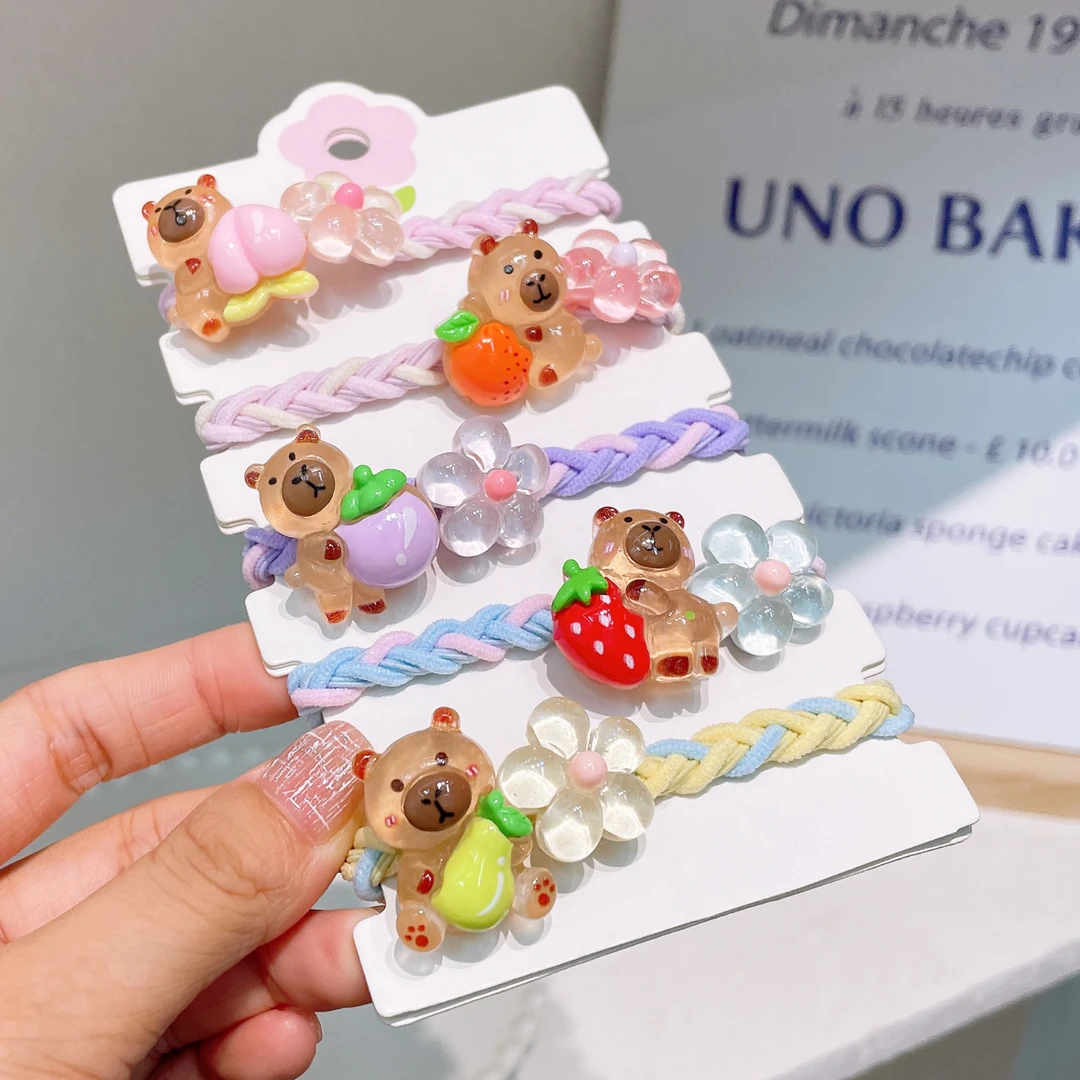 A-4488 d 混色发5个夜光卡皮巴拉花花高弹力不伤发编织头绳 发圈