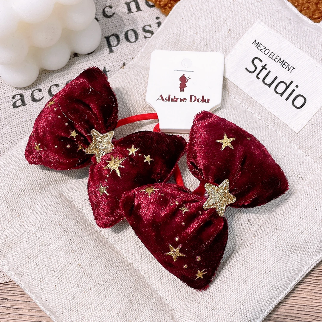 A-5584  dl 2个酒红色布艺充棉蝴蝶结星星儿童双马尾头绳   发圈