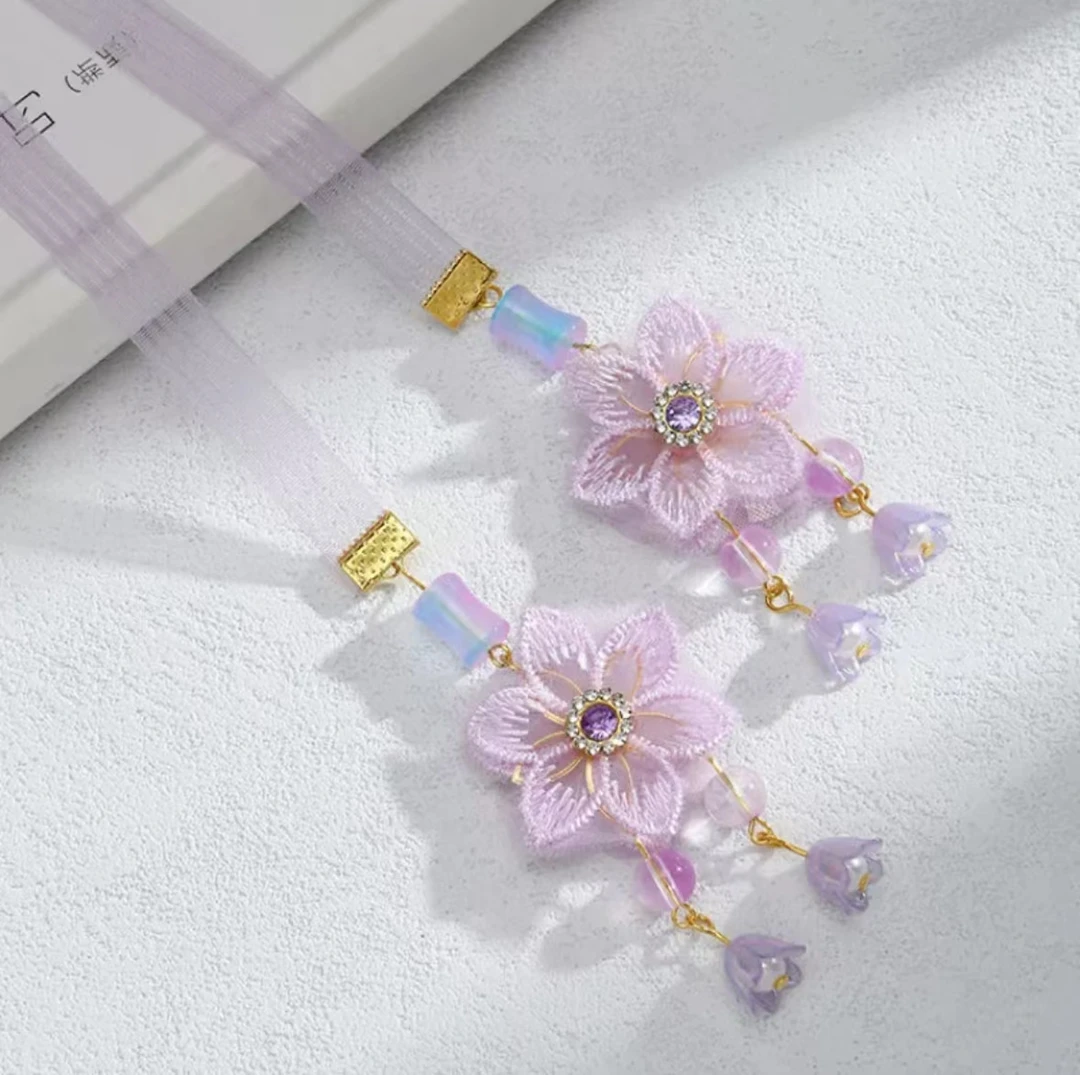 A-0864  YY 紫色花朵古风飘带绑带      发圈