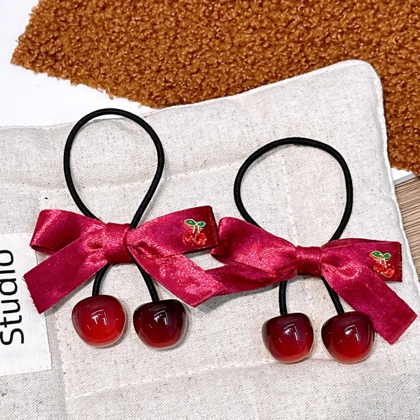 A-5920 jl 1对丝绒蝴蝶结樱桃儿童耐用高弹力头绳学生高马尾发圈