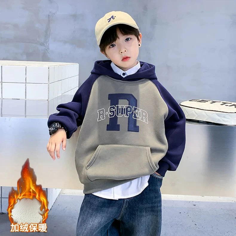 男童儿童一体绒上衣秋冬季2025新款中大童休闲连帽加绒卫衣痞帅潮