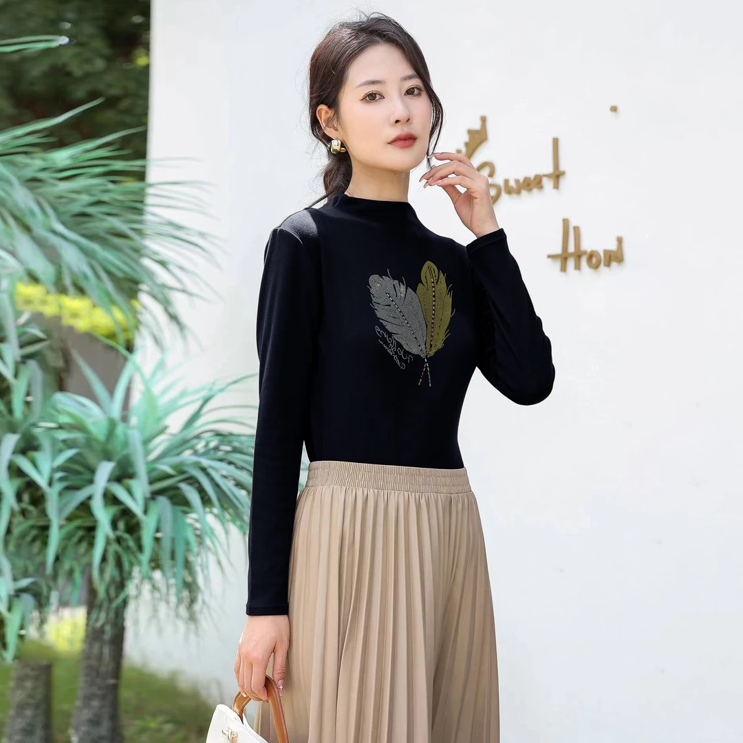 【宝藏衣橱】秋冬款上衣长袖烫钻港珠烫钻新款显瘦修身爆款T恤T168