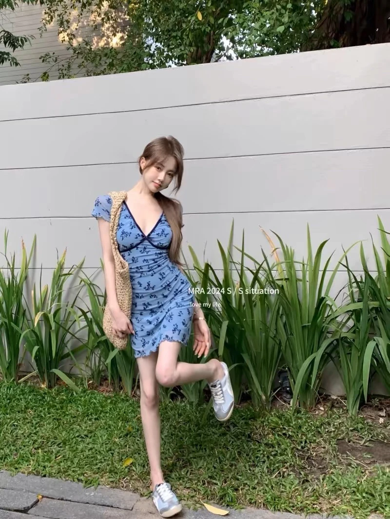 【暗香】复古V领碎花裙式泳衣显瘦遮肚分体平角裤温泉游泳衣7415