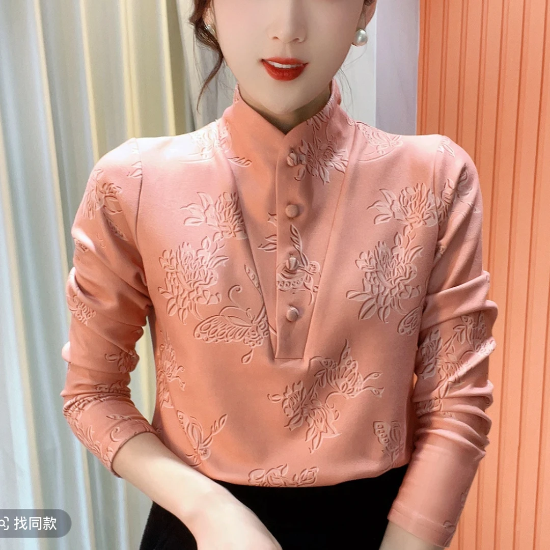 2024冬季316新款中领印花气质百搭时尚长袖减龄加绒打底衫上衣女