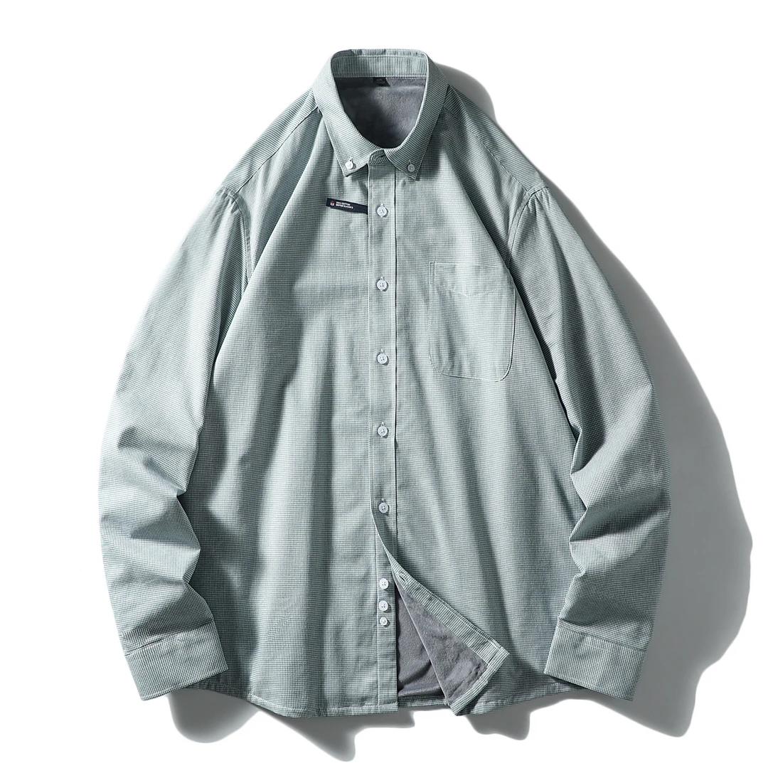 纯棉！休闲千鸟格加绒保暖扣领男士长袖衬衫秋冬季内搭寸衫Y3R1626