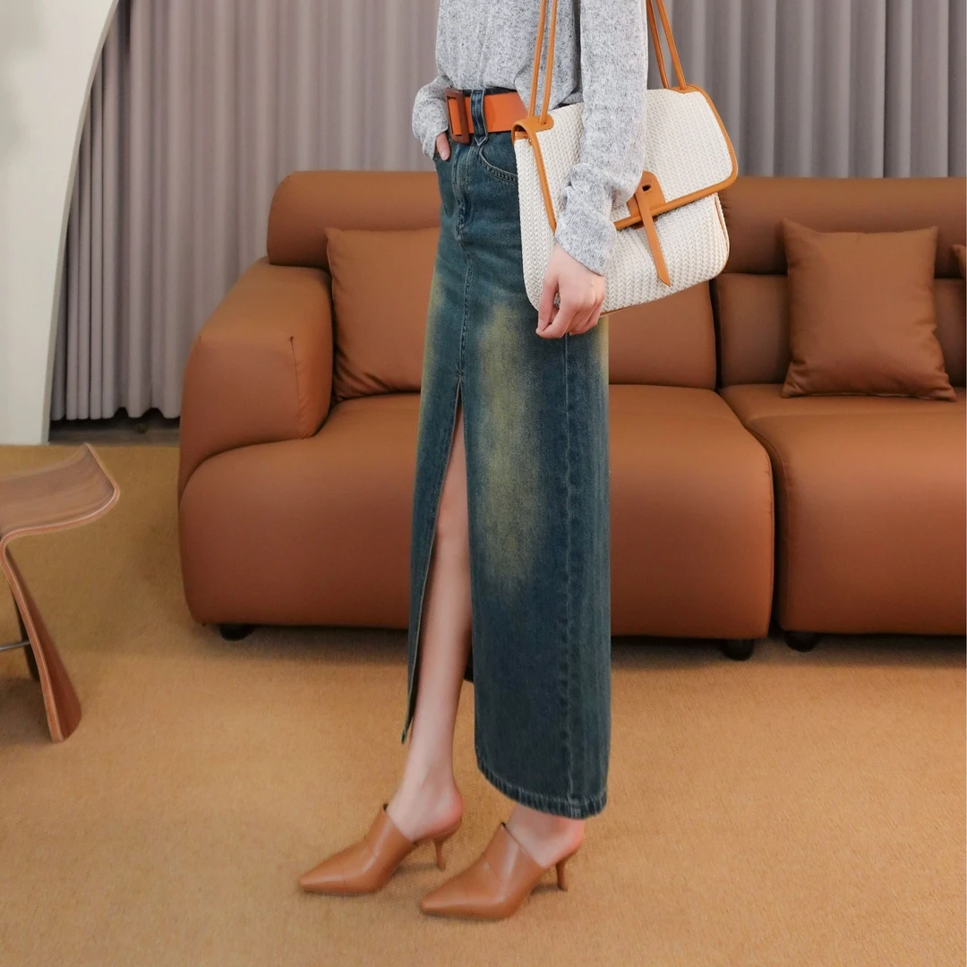 CHUN·「杰西卡」显瘦半身裙休闲气质牛仔蓝色高腰时尚复古百搭开