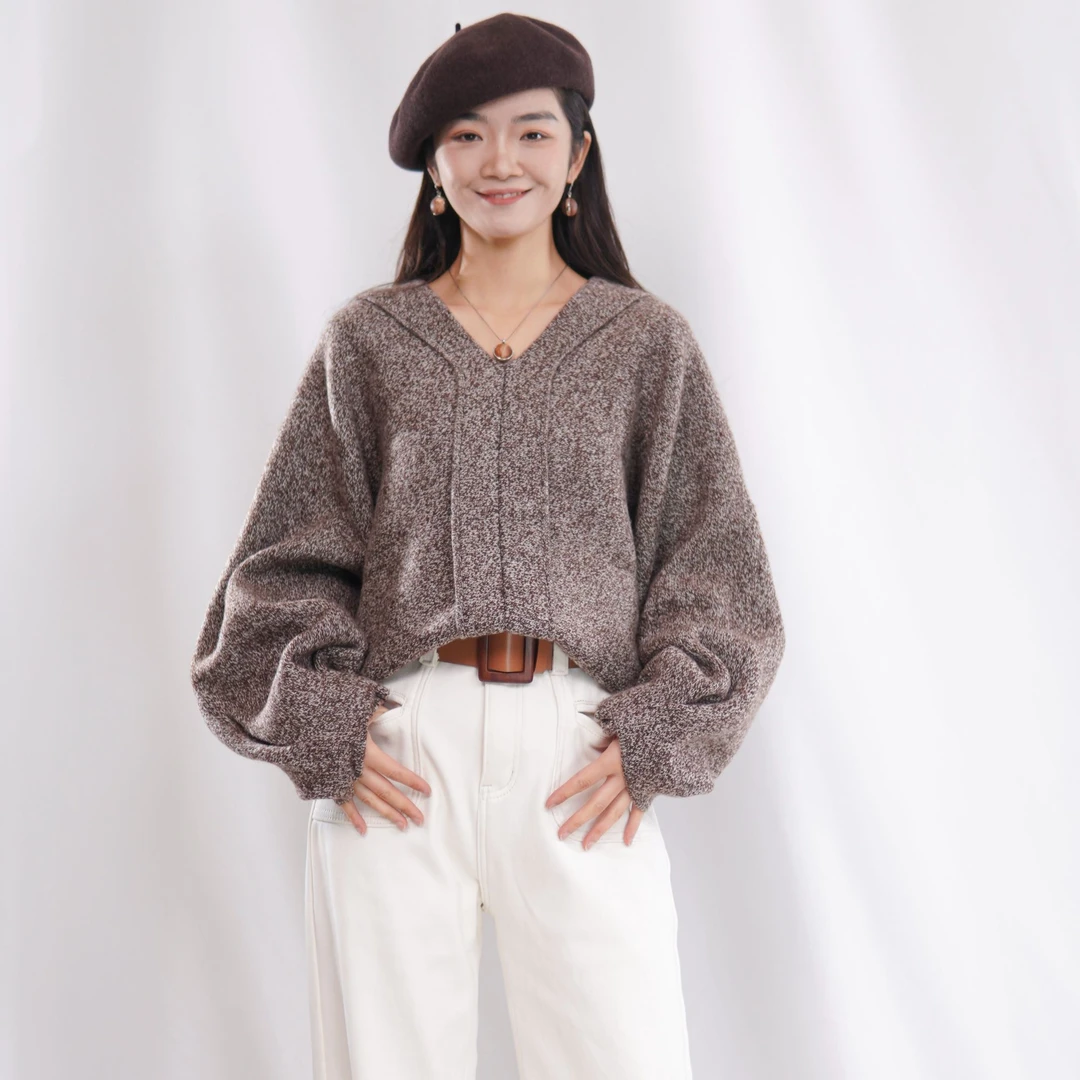 CHUN·「尔乐v领羊毛花纱针织衫」时尚休闲宽松慵懒风百搭简约减龄