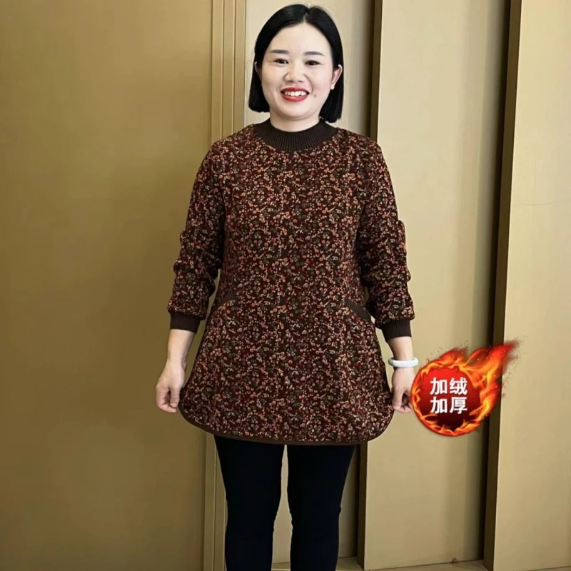 秋冬新款加绒加厚半高领小碎花遮肉显瘦中长款上衣
