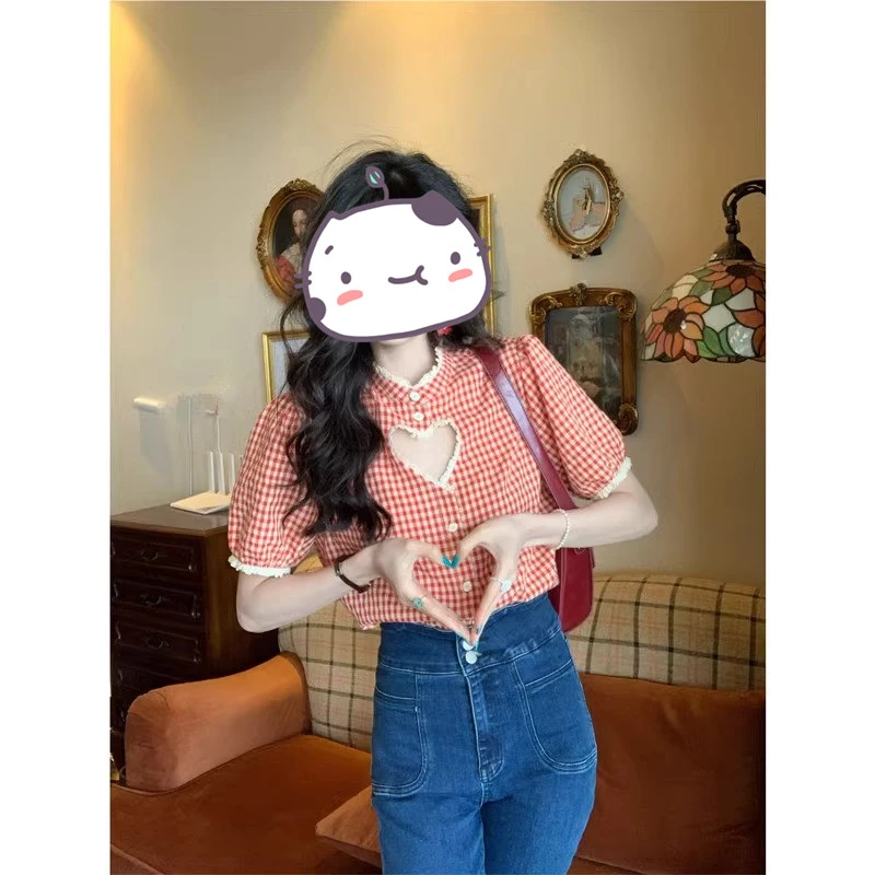 爱心镂空格子短袖衬衫女2024夏季新款港味显瘦上衣设计感别致衬衣