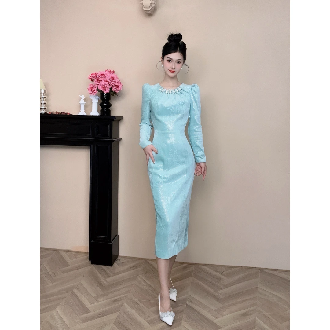 【设计师定制】秋冬新款时尚气质亮片修身连衣裙11239