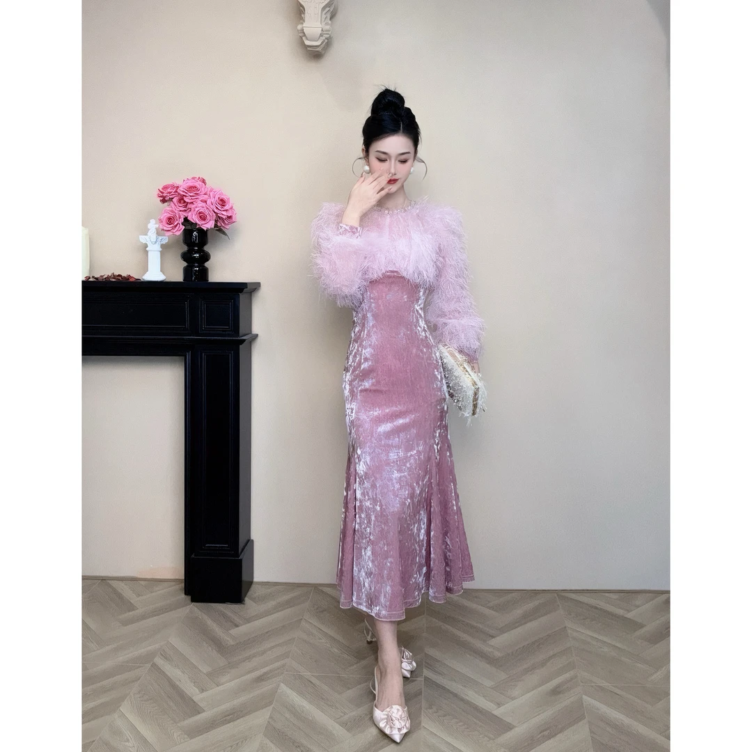 新款时尚气质法式轻奢减龄洋气设计师重工长袖连衣裙11253