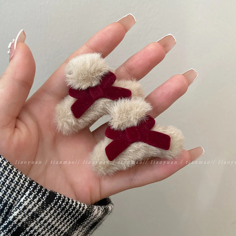 偷心贼~可爱蝴蝶结发夹女侧边秋冬毛绒小抓夹ins简约刘海头饰网红