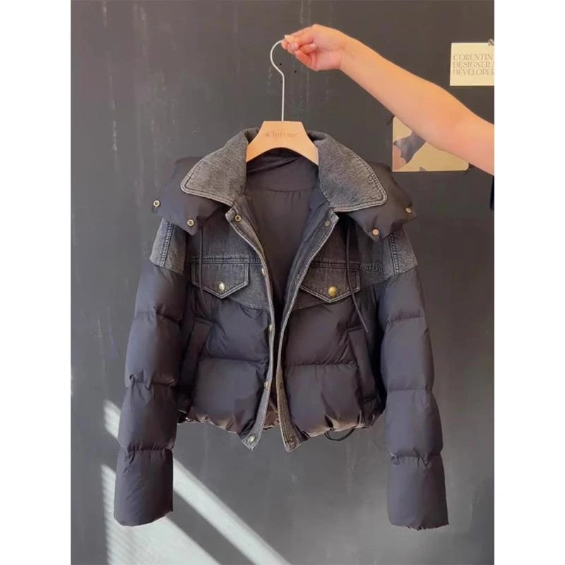 【羽绒服】今年流行爆款冬装高级感牛仔拼接短款连帽面包服外套女
