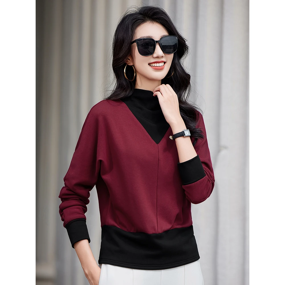 高级蝙蝠袖半高领德绒打底衫女2024冬季新款拼接加绒内搭长袖上衣