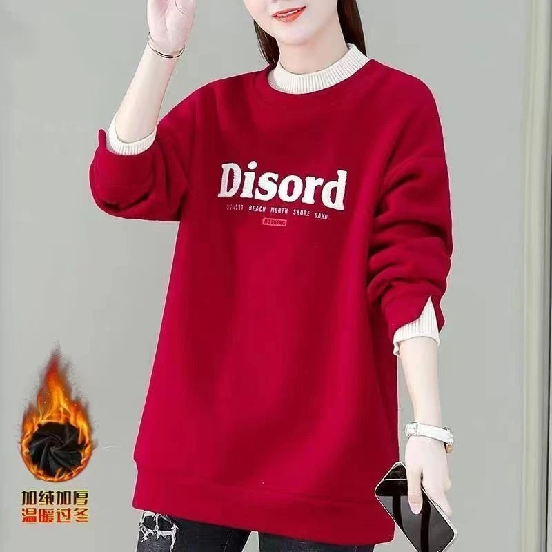 红色圆领印花套头卫衣女秋冬季新款加绒保暖胖mm宽松百搭无帽上衣