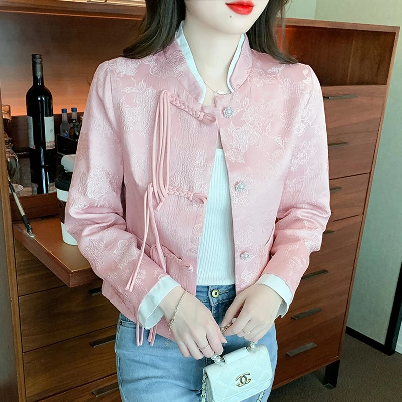 dhini新款小香风新中式长袖国风短外套女春秋季气质减龄百搭上衣