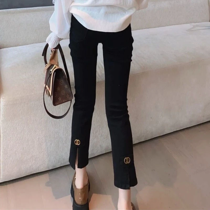 dhini大码开叉直筒牛仔裤女秋季新款2025黑色显瘦小脚九分烟管裤