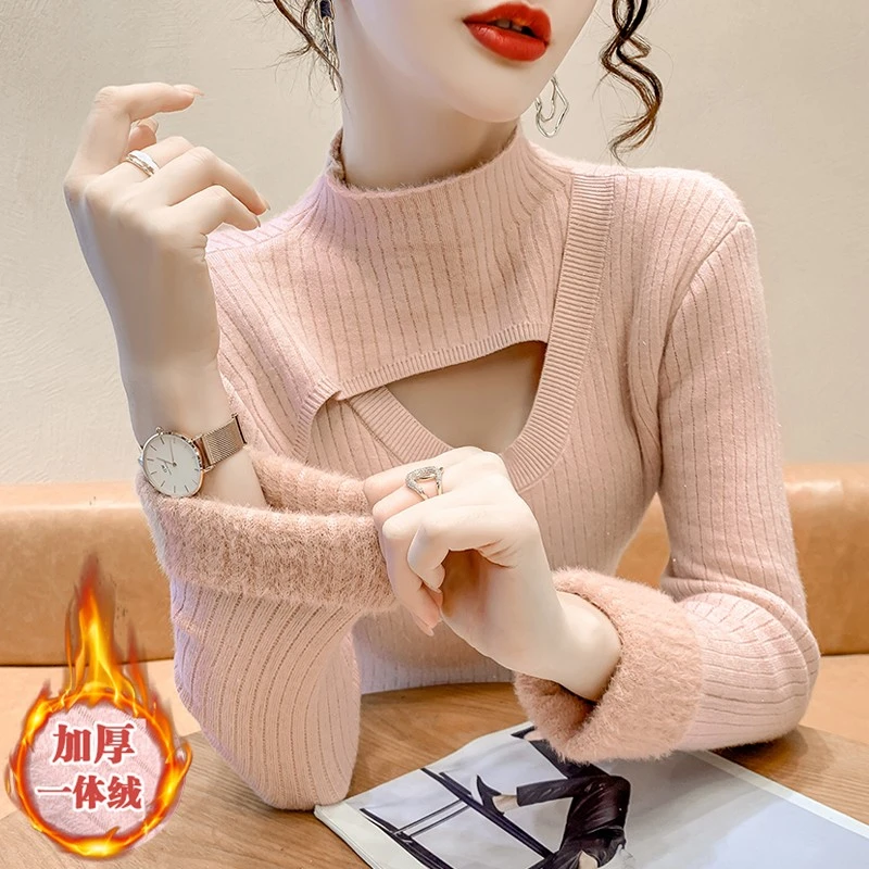 dhini一体绒毛衣女加厚加绒2025新款秋冬保暖半高领针织打底衫女