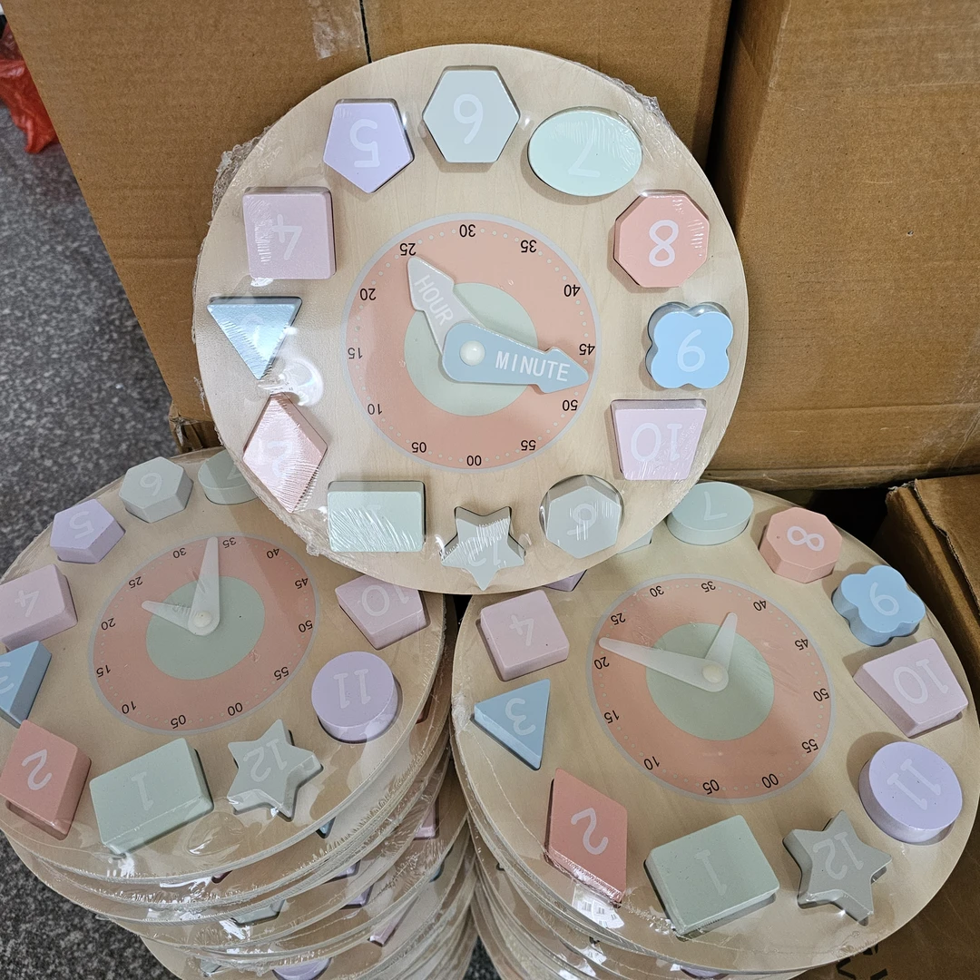 儿童木制时钟玩具数字穿串线形状配对积木