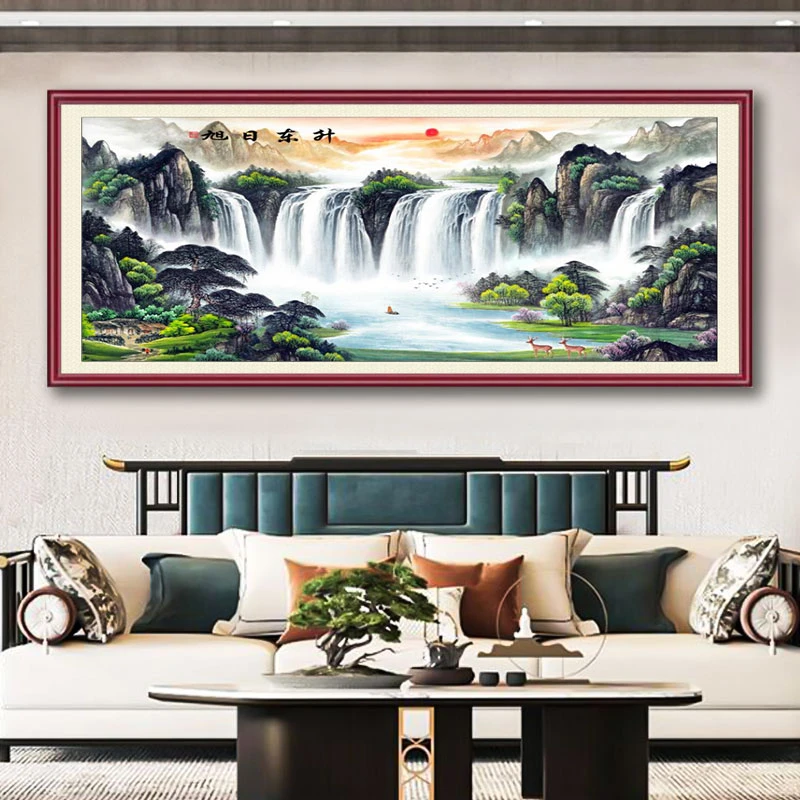 旭日东升客厅装饰画轻奢简约大气高山流水挂画镶满钻高档晶瓷画