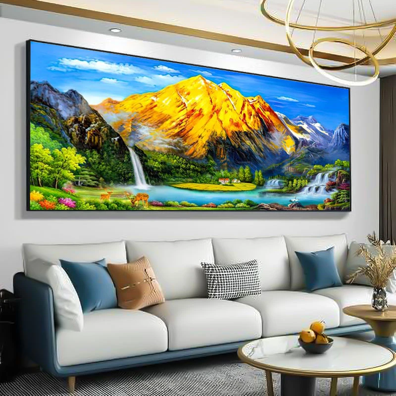 【背靠金山】家有靠山客厅装饰画轻奢简约山水风景画镶钻晶瓷画挂画