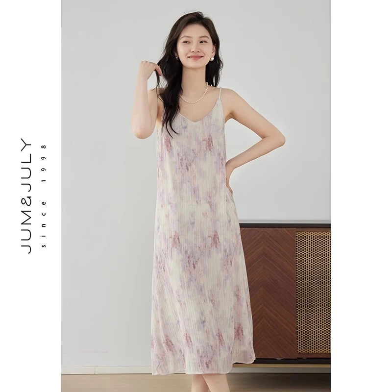 嘉茱莉印花吊带连衣裙无袖女小个子夏季碎花长裙V领吊带裙Q1060