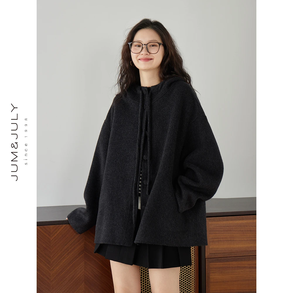 2024秋冬新款连帽双面呢宽松羊毛大衣女小个子短外套D1013