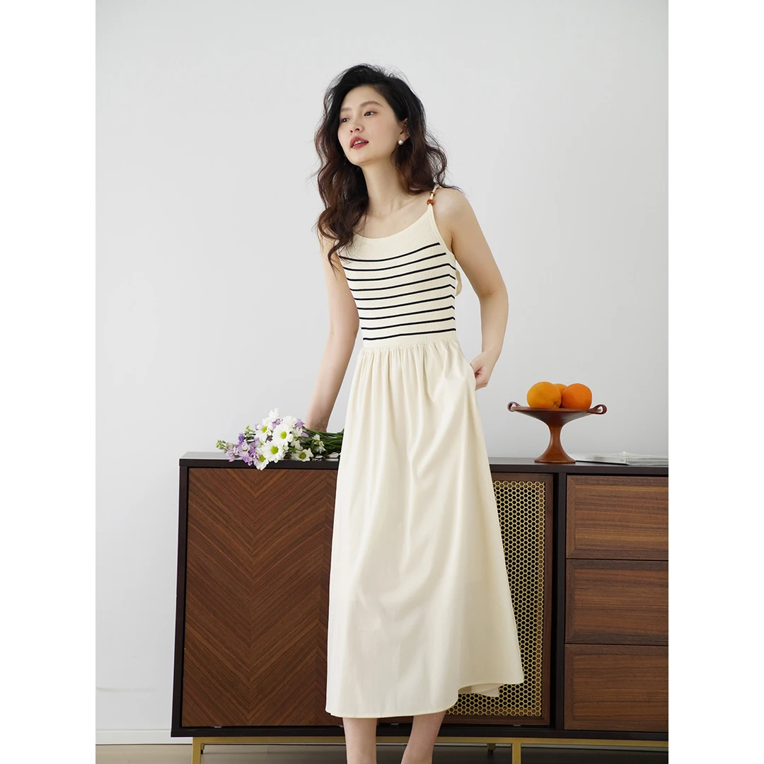 嘉茱莉【音符】2024年新款条纹吊带连衣裙女高腰A字长裙吊带裙Q1003