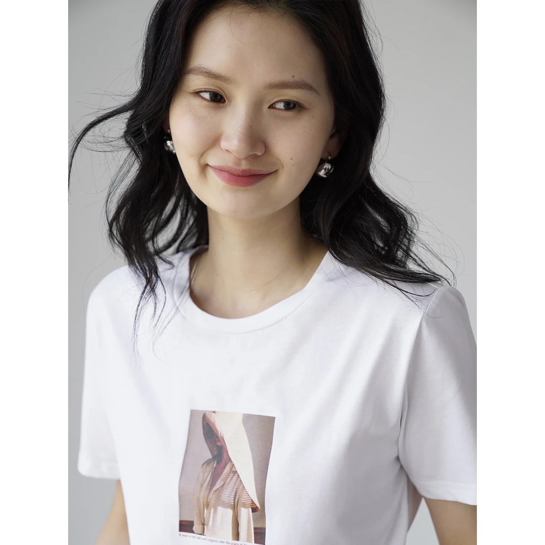 嘉茱莉新款短袖t恤印花圆领上衣水柔棉显瘦内搭女白色T恤SC58