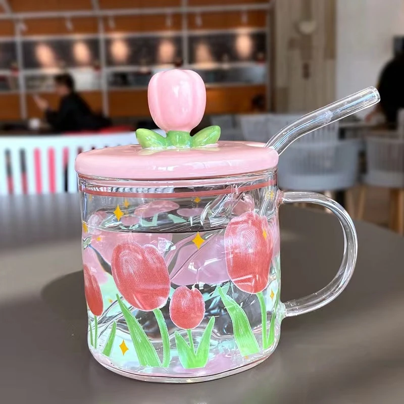 郁金香杯子ins风女生夏季可爱咖啡带盖把喝水杯高颜值早餐玻璃杯