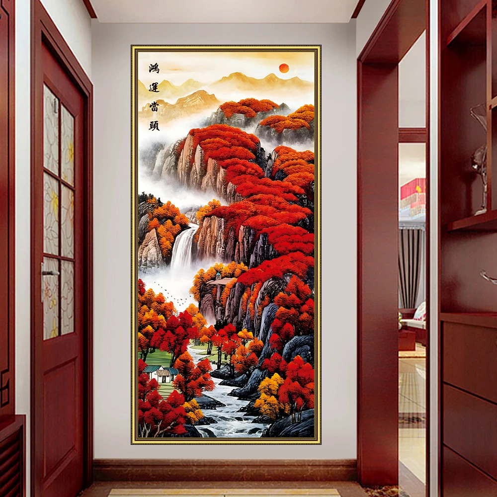 贴画】鸿福竖版中式壁画简单自粘电梯门粘贴防水背胶玄关背景墙画