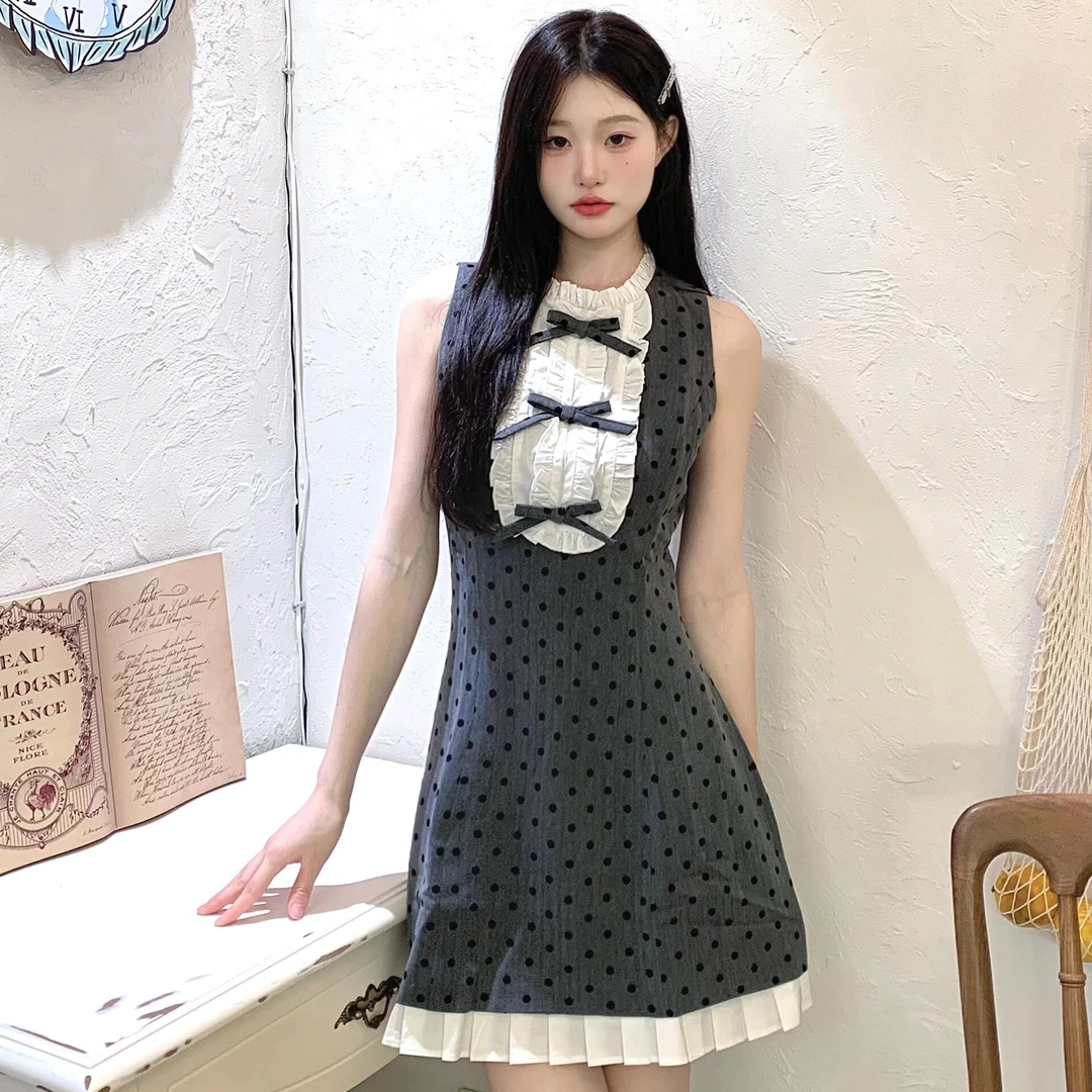 原创拼接木耳边抽皱高级百搭连衣裙女灰色波点收腰显瘦蝴蝶结短裙