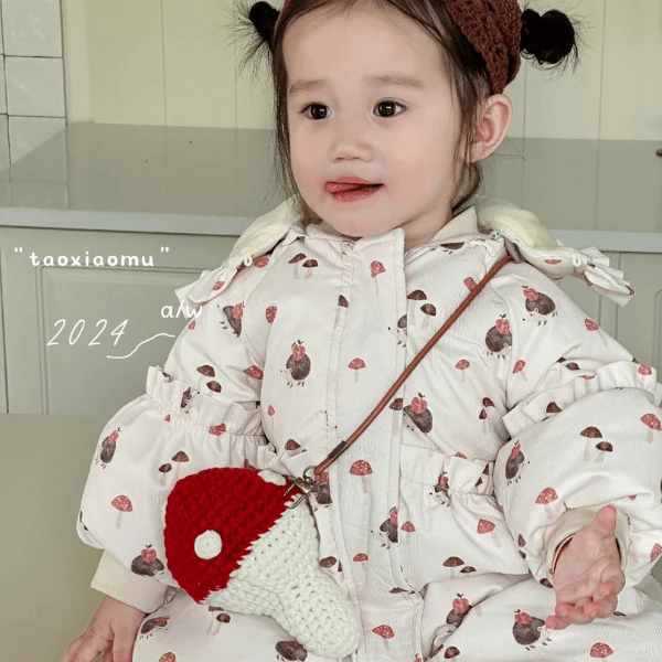 加厚婴儿保暖白鸭绒卡通儿童冬季蘑菇清新款式羽绒服哈衣8508