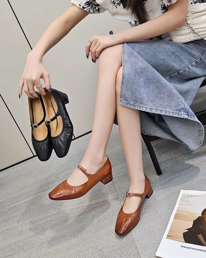 广州女鞋1037-19头层牛皮真皮法式褶皱玛丽珍女鞋中粗跟气质单鞋