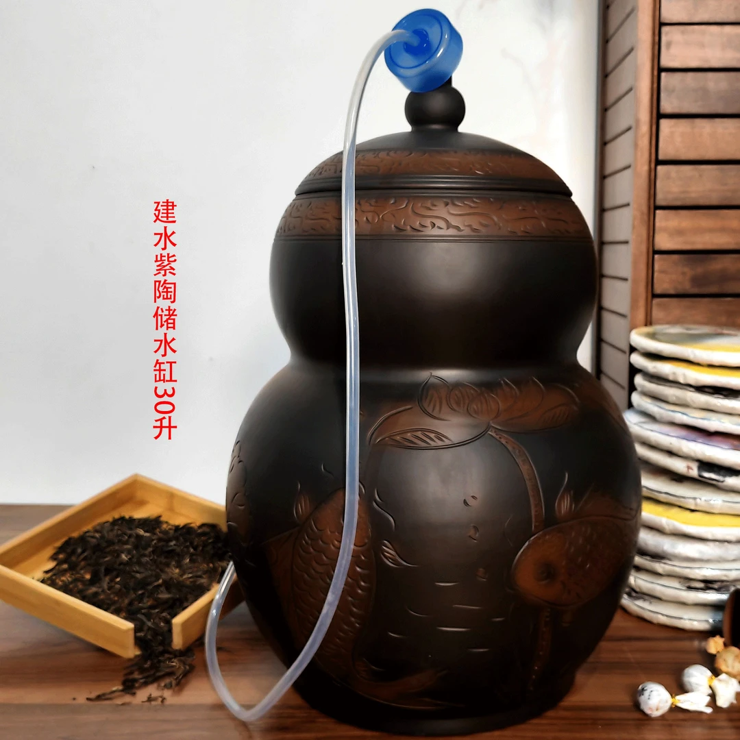 建水紫陶制作黑色线雕荷花葫芦30升水缸