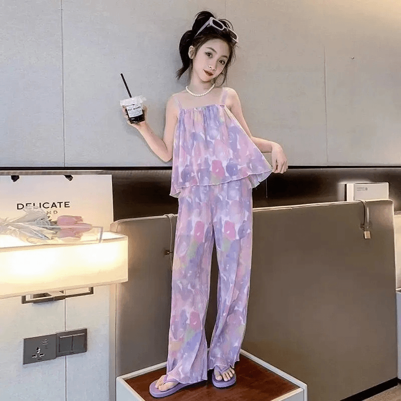 女童夏季套装2024新款儿童阔腿裤中大童洋气时髦吊带夏装两件套潮