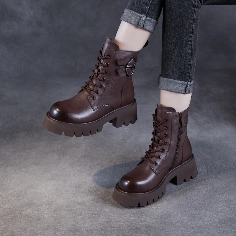 【千诗定制】头层牛皮秋冬新款马丁靴女英伦风时尚百搭系带女士短靴