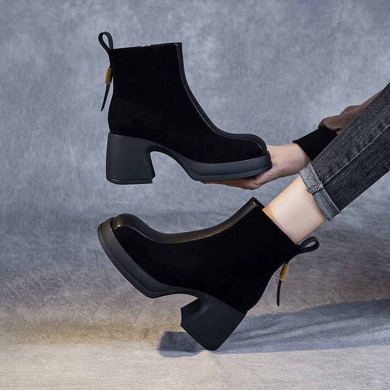 【千诗定制】头层牛皮秋冬新款高跟时装靴女百搭真皮切尔西女瘦瘦靴