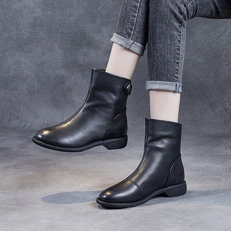 【千诗定制】头层牛皮马丁靴复古英伦风切尔西小短靴平底尖头女靴子