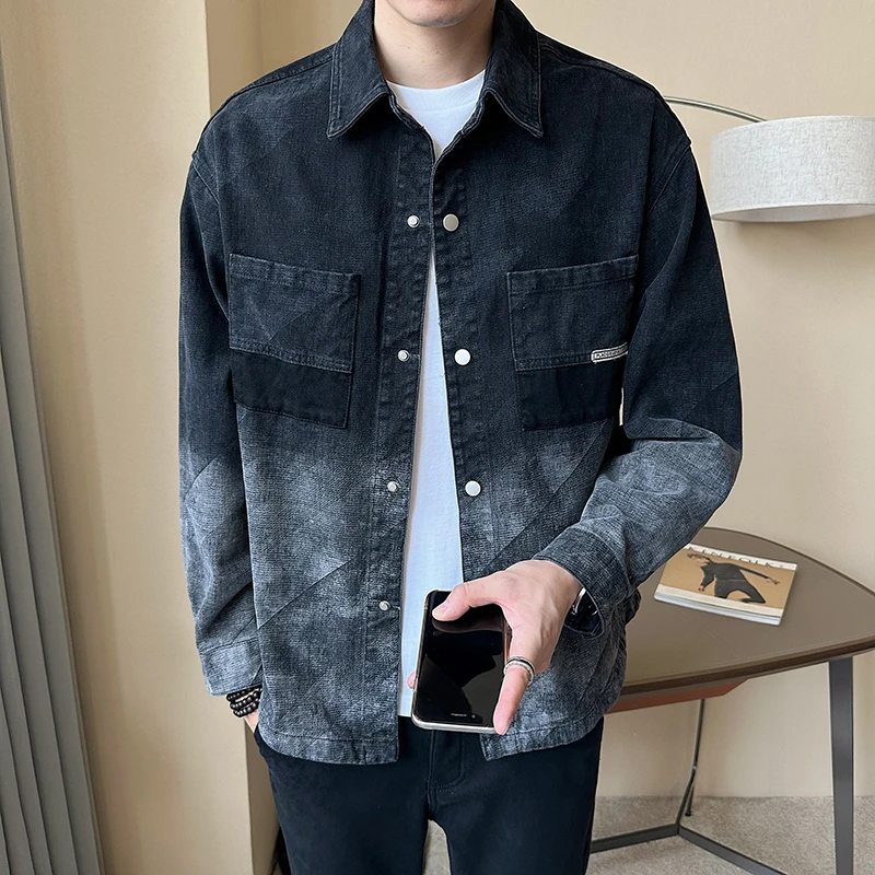 爆款休闲男外套2025春秋新款美式渐变色男士牛仔夹克痞帅潮流上衣