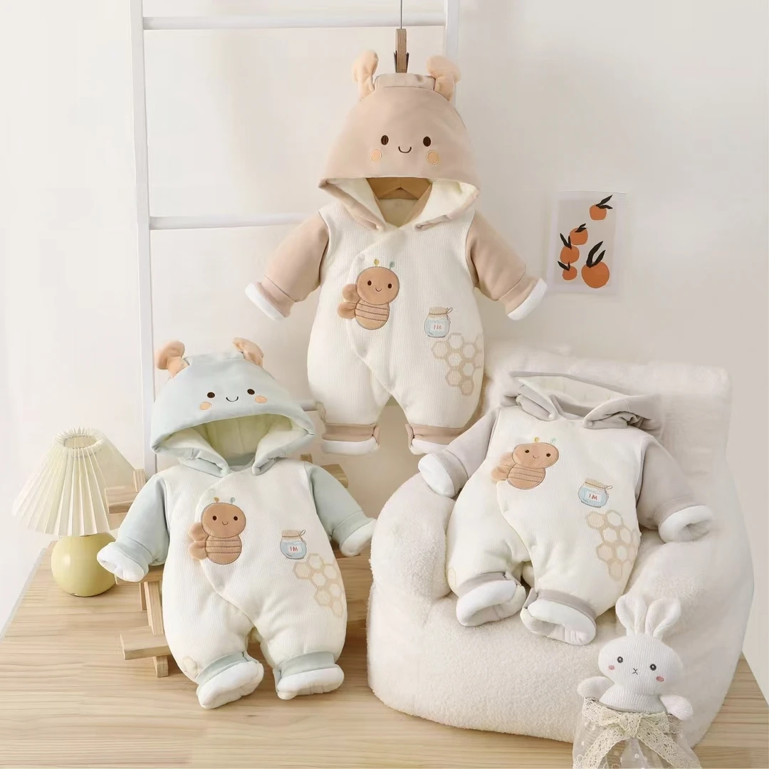 新生儿连帽抱抱服（300g加厚）冬季加棉纯棉婴儿连体衣服小蜜蜂