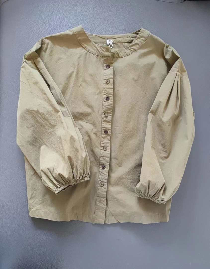 新品纯色舒适圆领时尚百搭松紧袖口设计长袖大码衬衫  66889