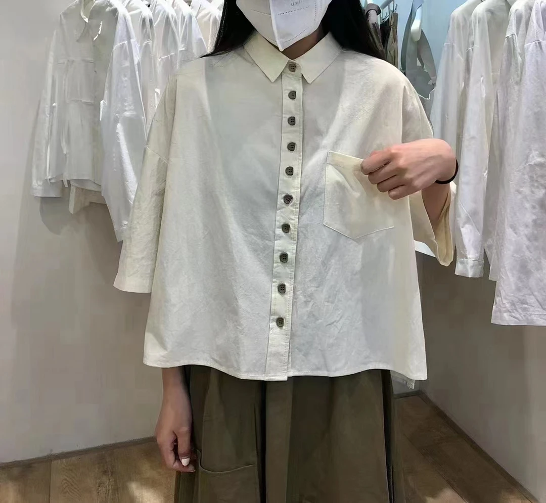 新款韩版水洗棉纯色时尚百搭显瘦上衣女短袖衬衫（88132）