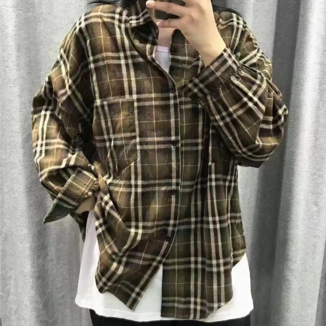 棉麻格子时尚大码宽松百搭休闲格子衬衫经典女款