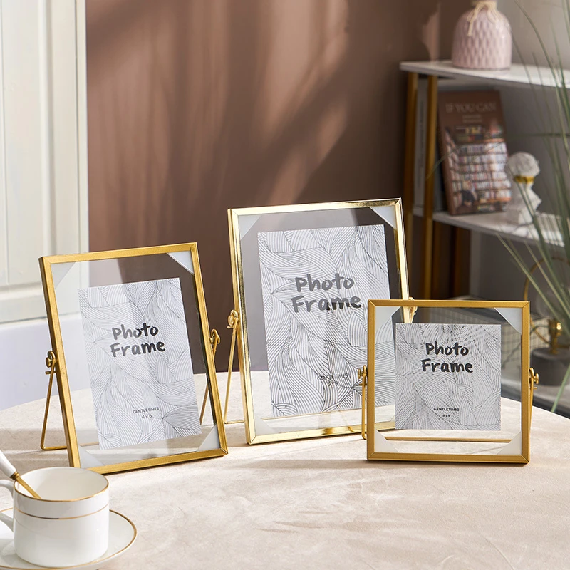 创意北欧金属方形相框摆台ins风几何磁力标本玻璃照片框摆件4/6寸