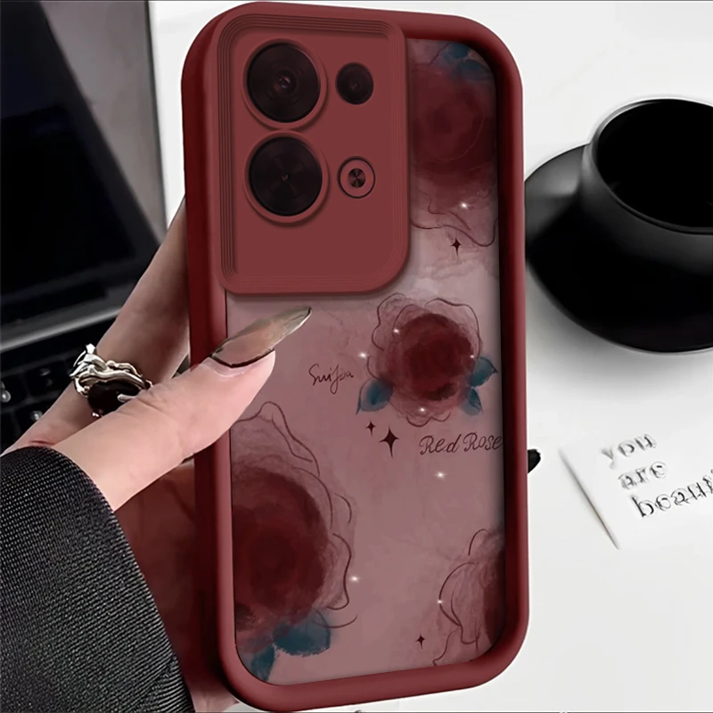 适用OPPOReno8Pro+手机壳PFZM10可爱ins风简约硅胶小众晕染红玫瑰