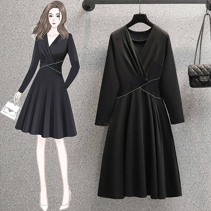 【清仓】10097#新款时尚大码气质V领收腰显瘦手工钉珠连衣裙